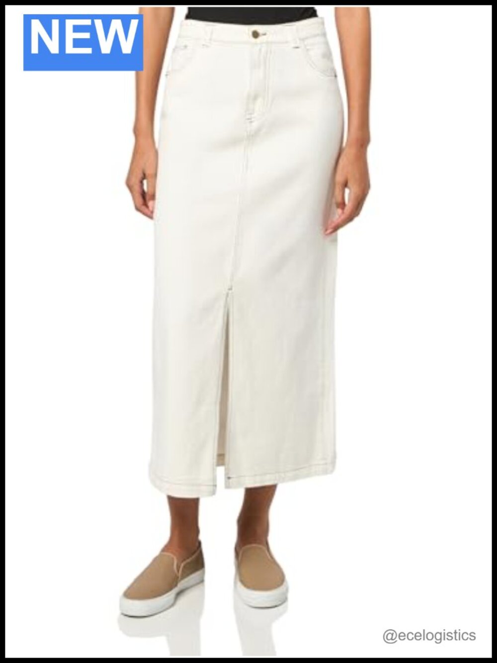 Denim Midi Skirt High Rise Zip Fly Button Cotton